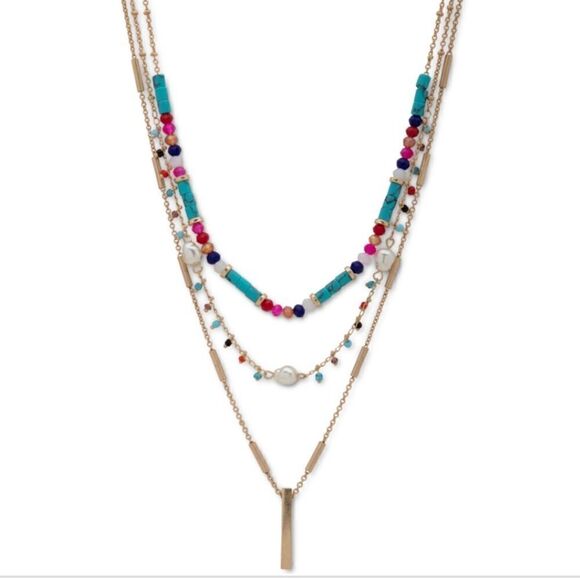 NWT Lonna & Lilly Gold-Tone Bar & Mixed Bead Layered Pendant Necklace - Picture 1 of 1